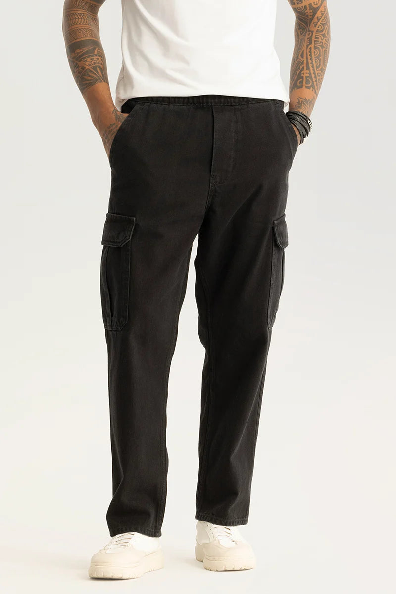 Pull On Black Plain Baggy Fit Jeans