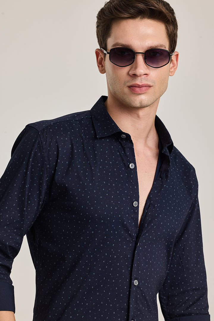 Navy Geometric Slim Fit Shirt