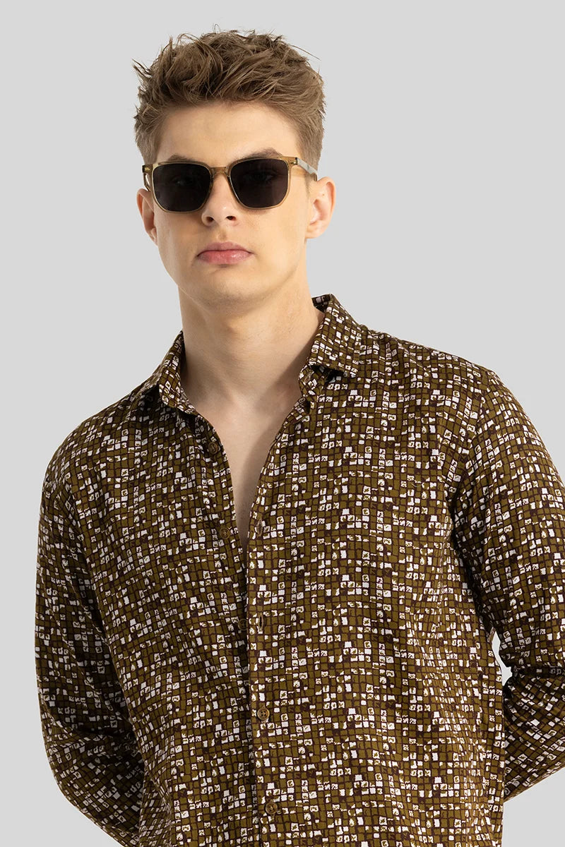 Brown Abstract Slim Fit Shirt