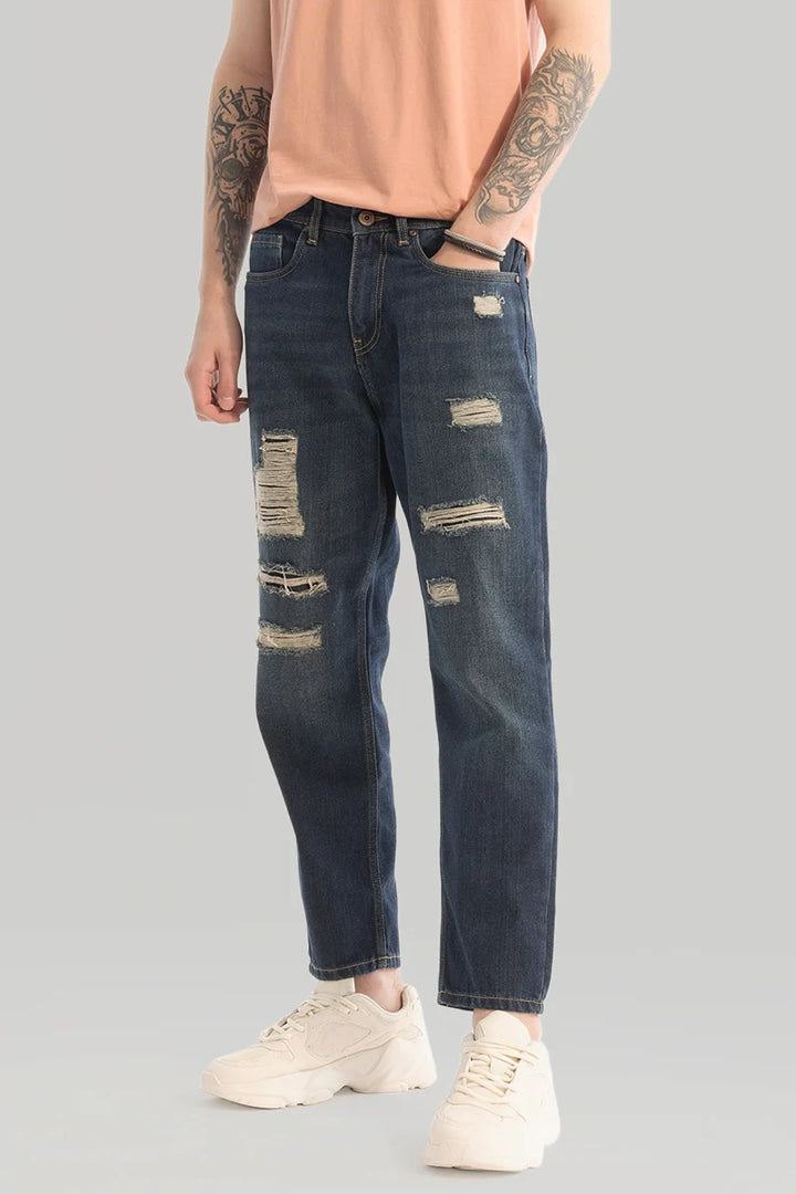 Dark Blue Distressed Baggy Fit Jeans