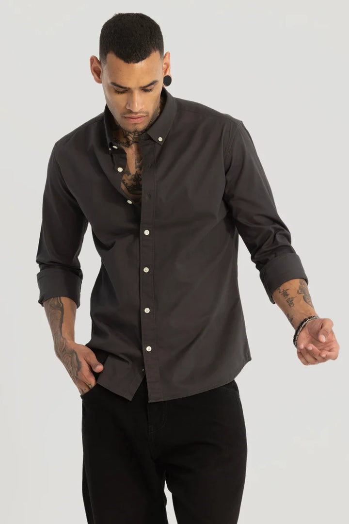 Charcoal Grey Elbow Patch Oxford Shirt