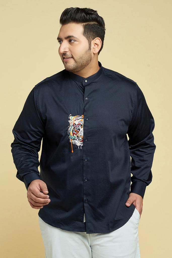 Tiger Navy Satin Mandarin Collar Shirt, SNITCH