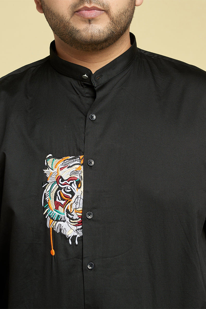 Tiger Black Satin Mandarin Collar Shirt in 2023