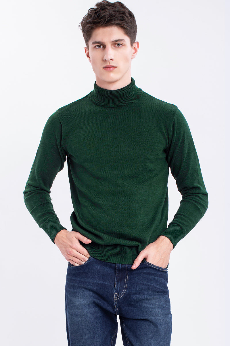 Green Solid Rib-Knit Turtle Neck Sweater