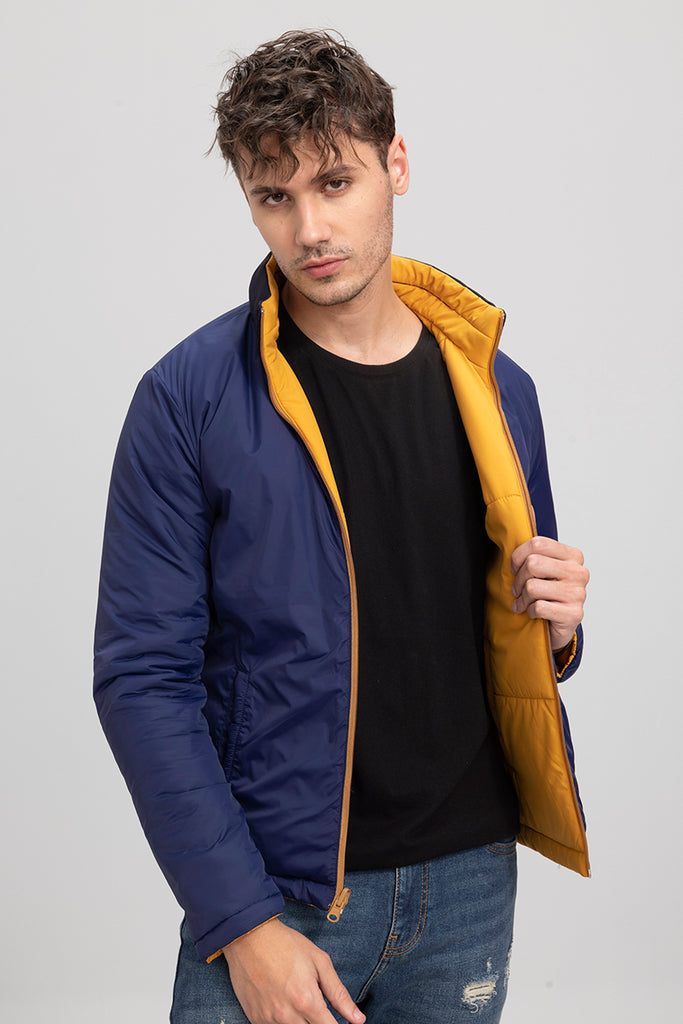 Buy Men's Yellow & Blue Reversible Puffer JacketOnline | SNITCH