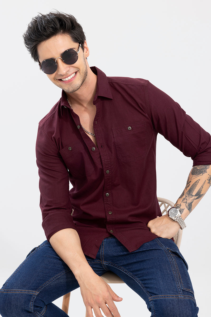 Maroon Double Pocket denim shirt for mens S / Maroon