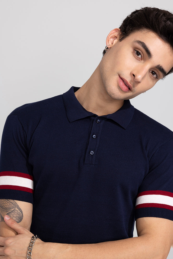 Striped Rib Navy Polo T-Shirt