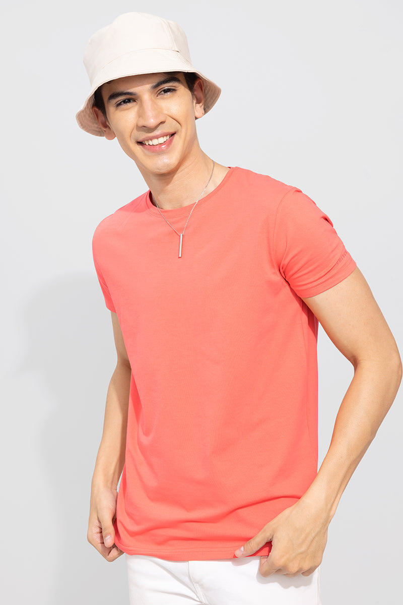 Candy Pink Solid 4 Way Stretch Crew Neck T-Shirt