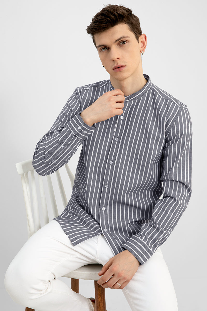 Mao Stripe Grey Shirt - SNITCH