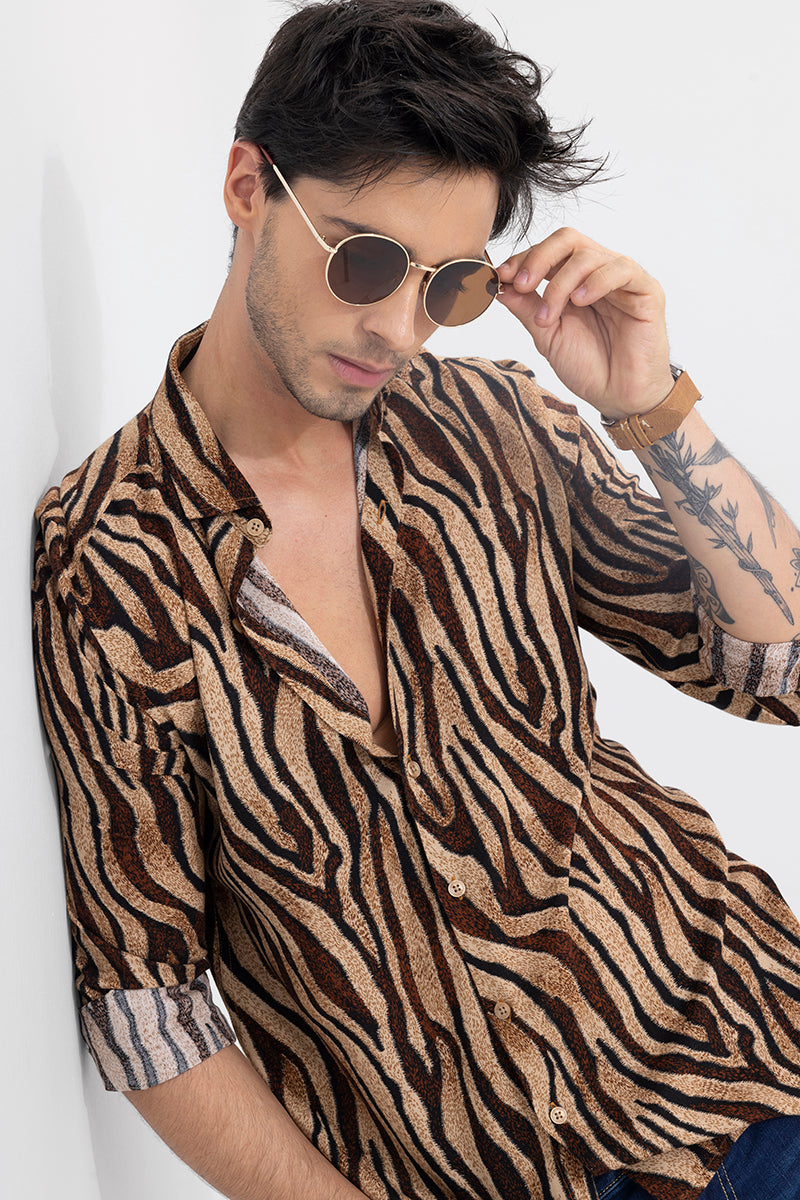 Buy Men's Tiger Skin Print Brown Shirt Online