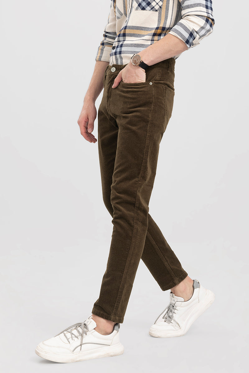 Dark Olive Corduroy Trousers -Stancliffe Flat-Front in 8-Wale Cotton by  Fort Belvedere