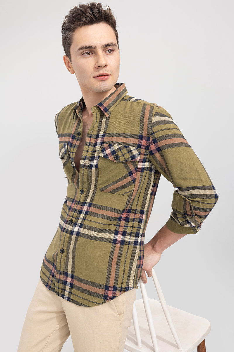 Relaxed Fit Moss Green Checks Shirt